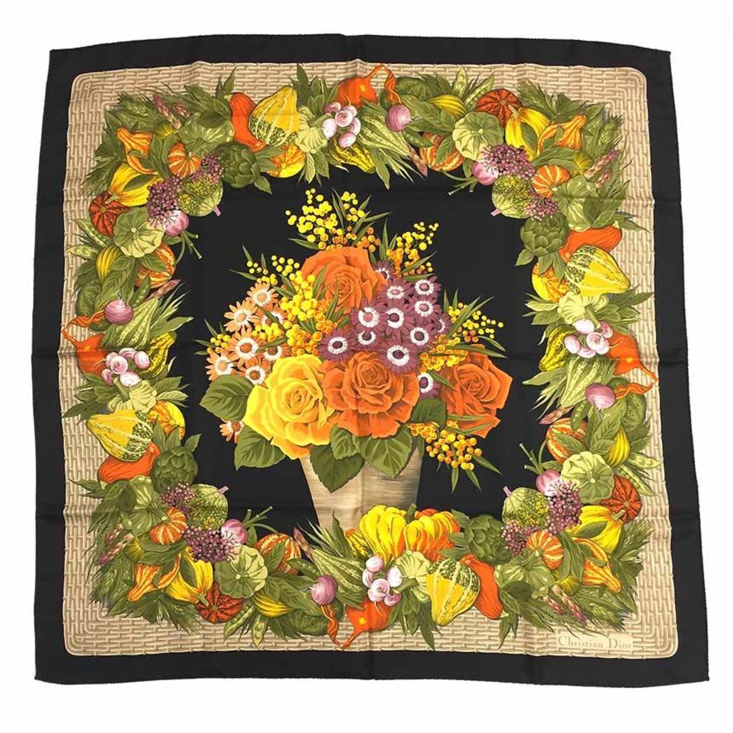 CHRISTIAN DIOR Scarf Carre Flower Fruit Silk Black