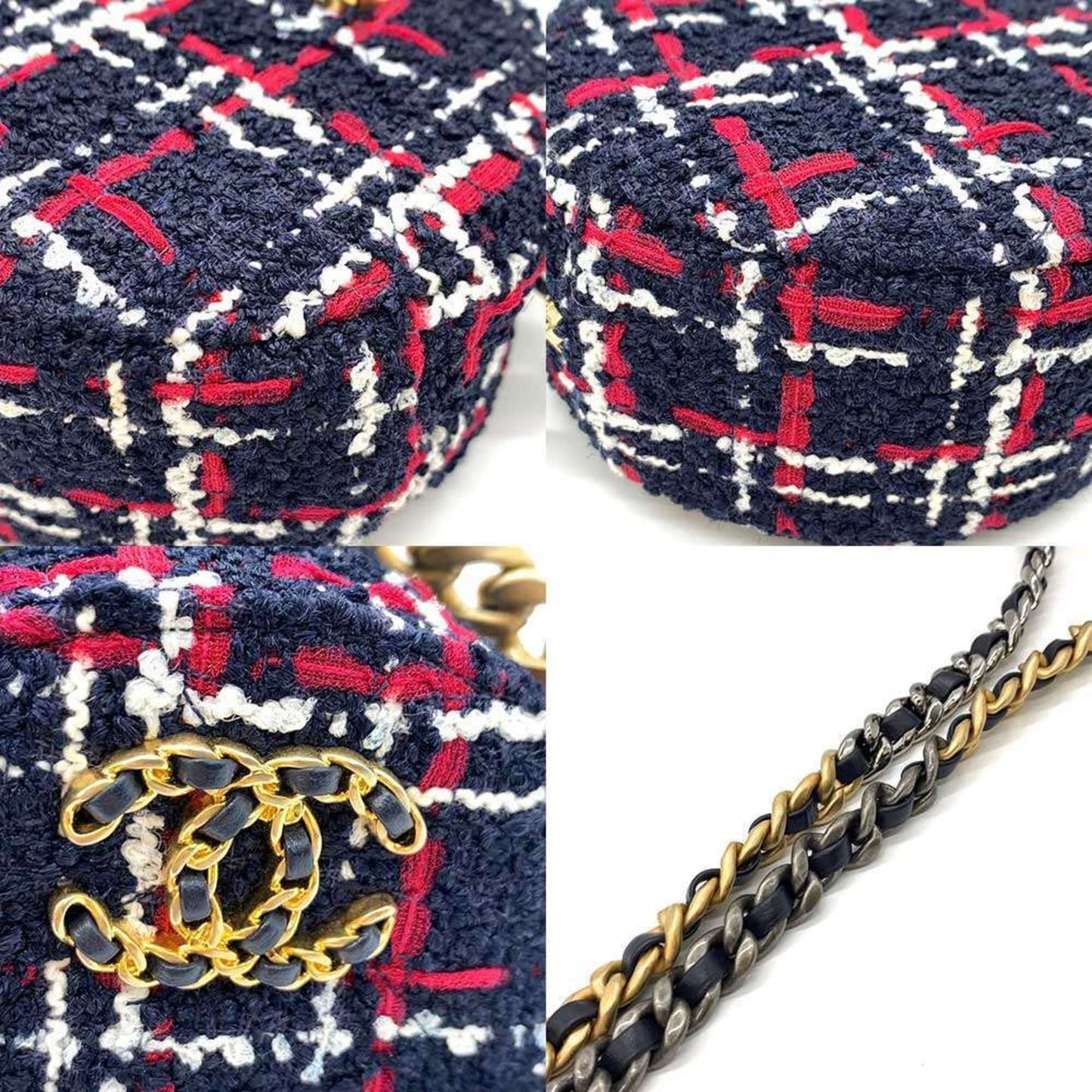 Chanel Bag 19 Round Clutch Chain Shoulder Navy x White Red Checkered Coco Mark Crossbody Pochette Ladies Tweed CHANEL