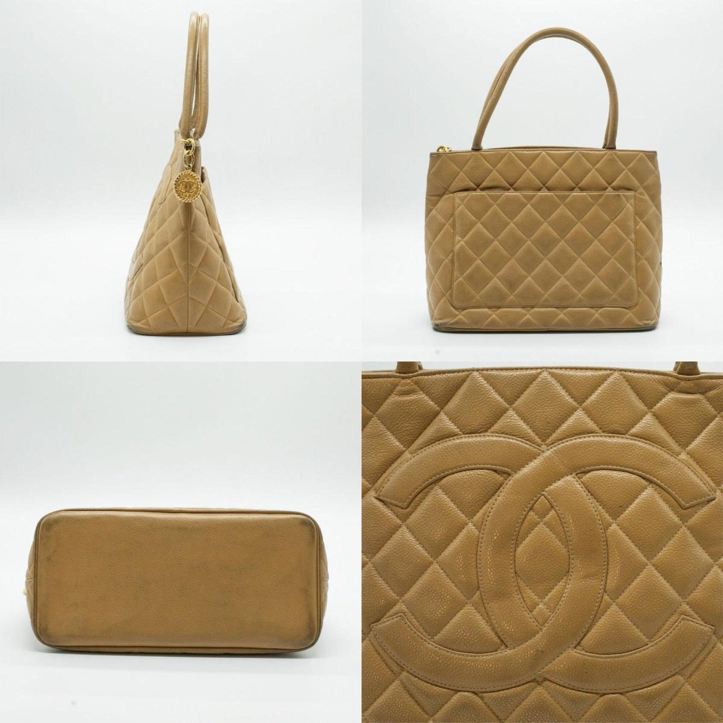 CHANEL Tote Bag Coco Mark Leather Beige Gold Women's A01804 PD32