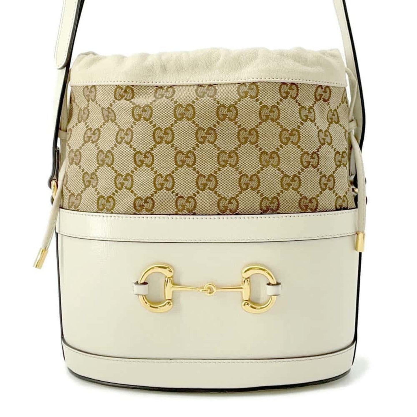 Gucci Horsebit Beige Ivory Leather Canvas Shoulder Bag ()