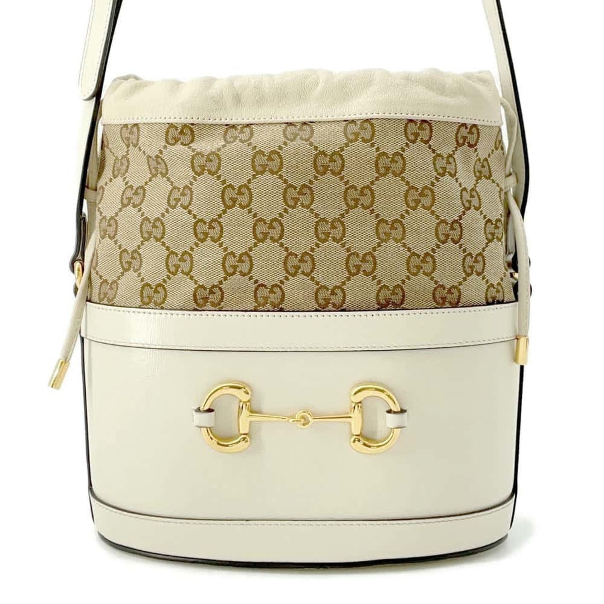 Gucci Horsebit Beige Ivory Leather Canvas Shoulder Bag ()