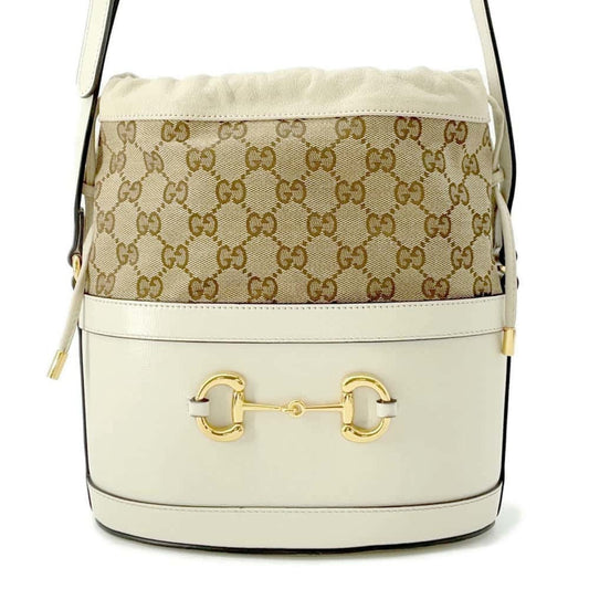 Gucci Horsebit Beige Ivory Leather Canvas Shoulder Bag ()