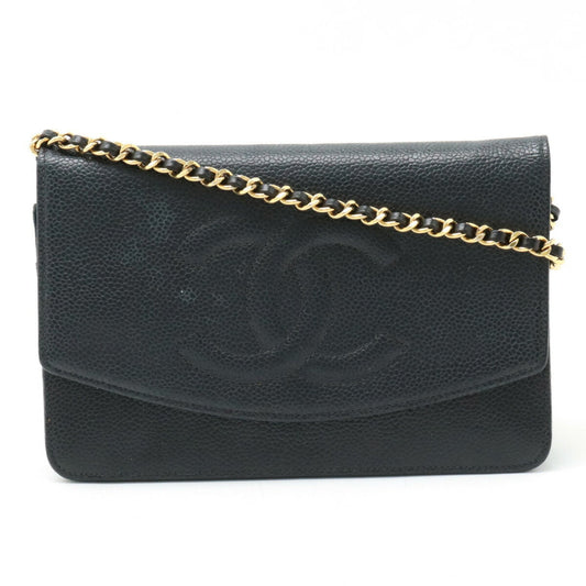 CHANEL Caviar Skin Coco Mark Chain Wallet Shoulder Bag Leather Black A13509