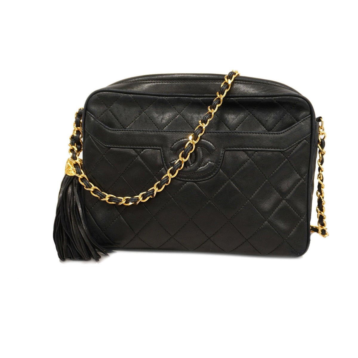 ChanelAuth  Matelasse Chain Shoulder With Fringes Leather Shoulder Bag Black