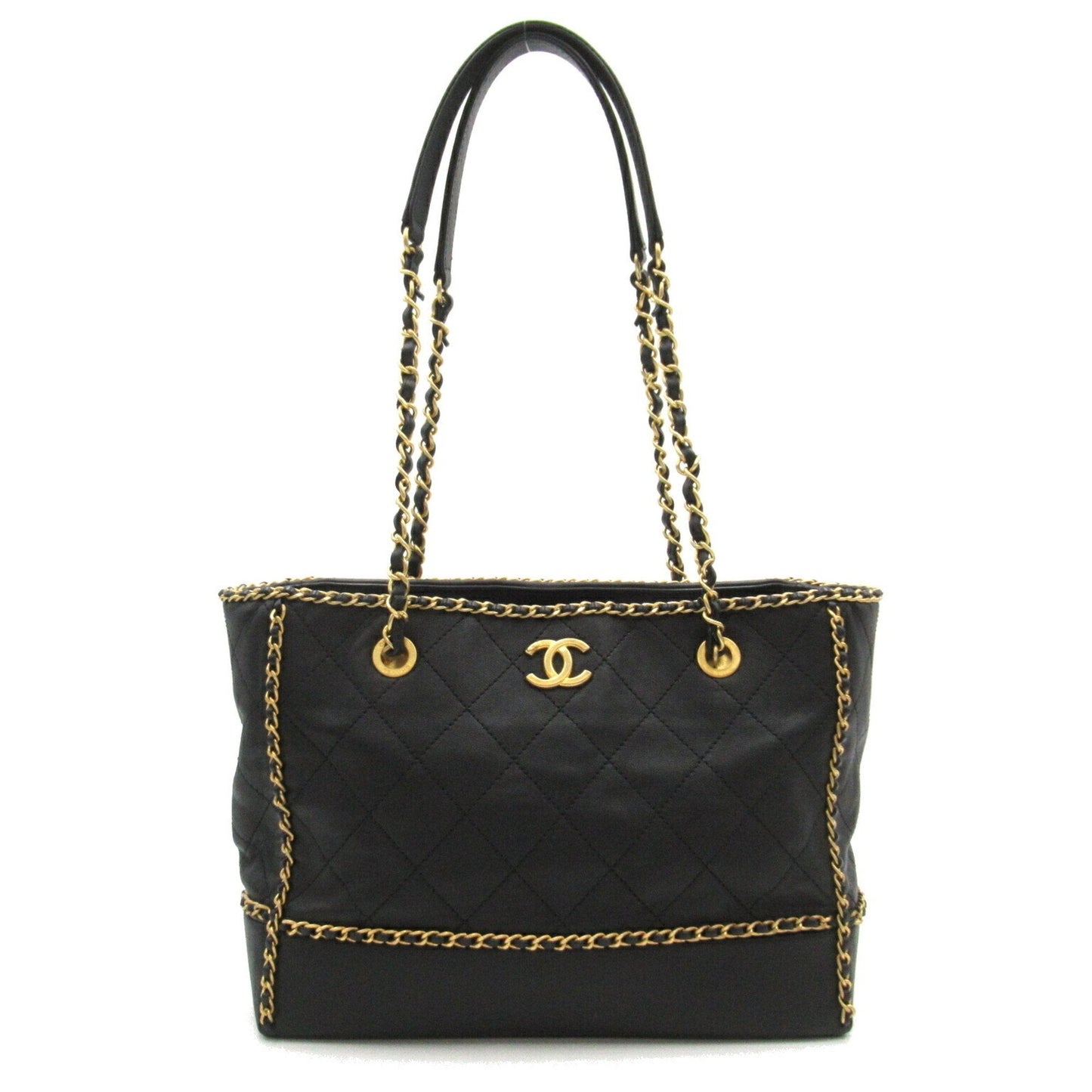 CHANEL Chain Tote Bag Leather Women's Black