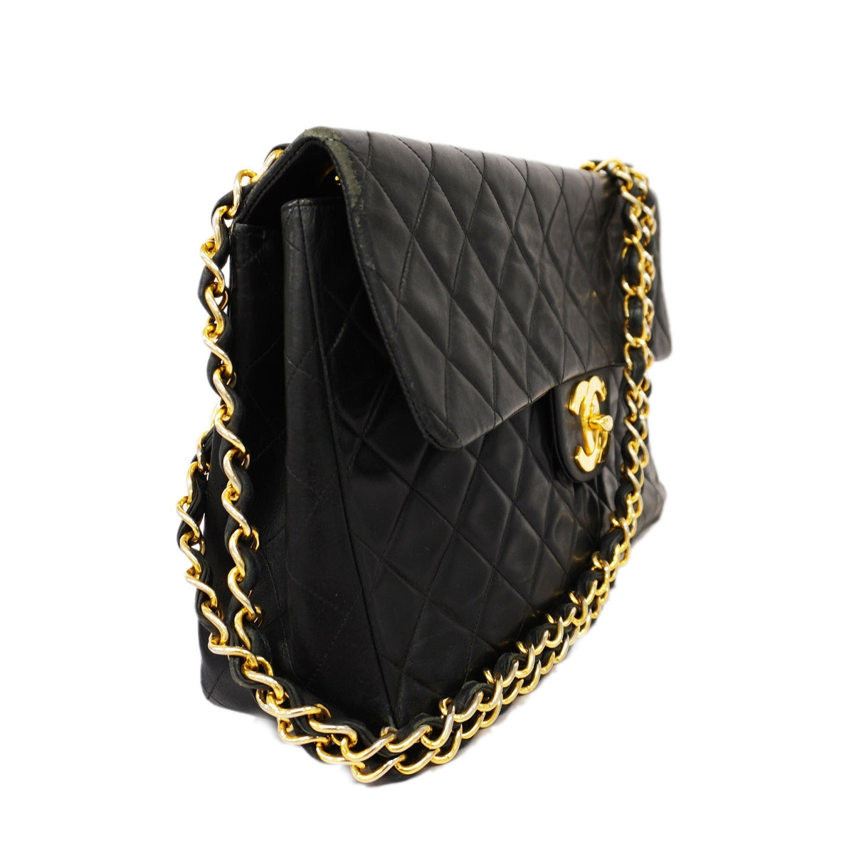 ChanelAuth  Big Matelasse W Chain Women's Leather Shoulder Bag Black