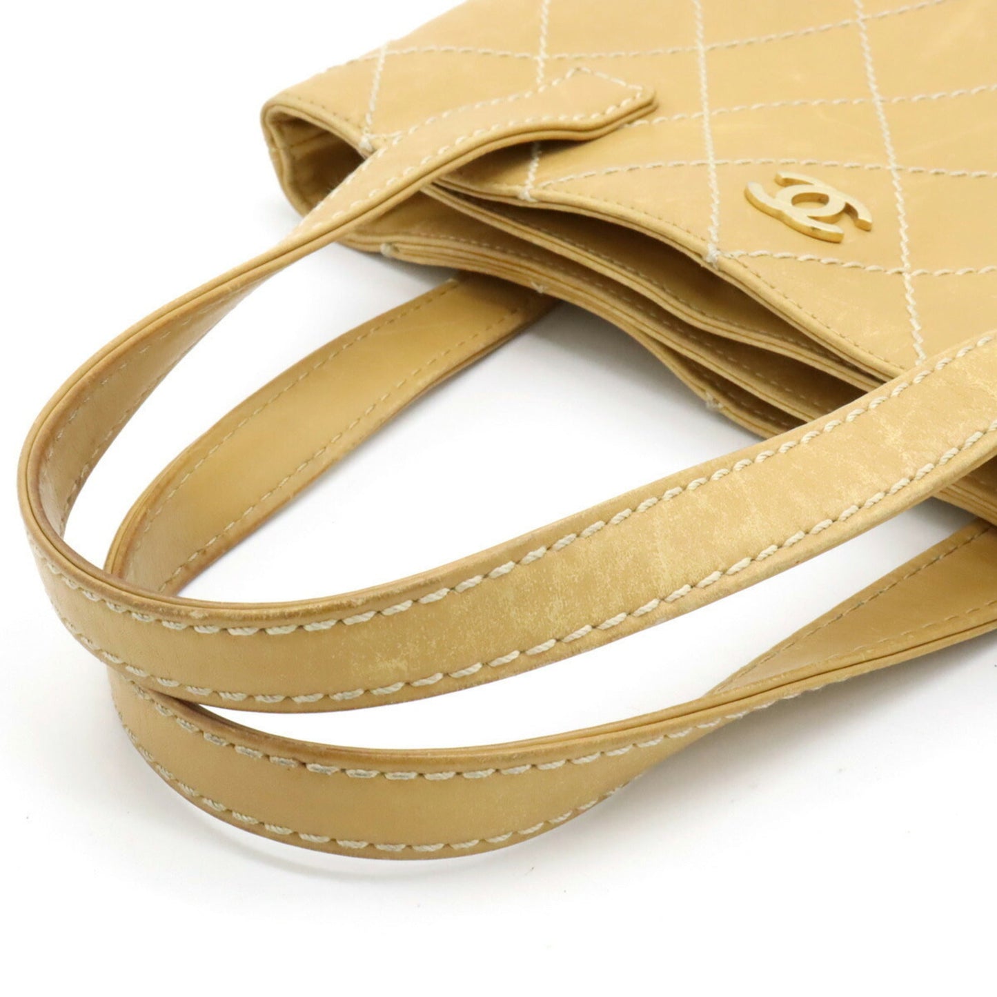 Chanel Wild Stitch Coco Mark HandBag Tote Bag Leather Beige A18126