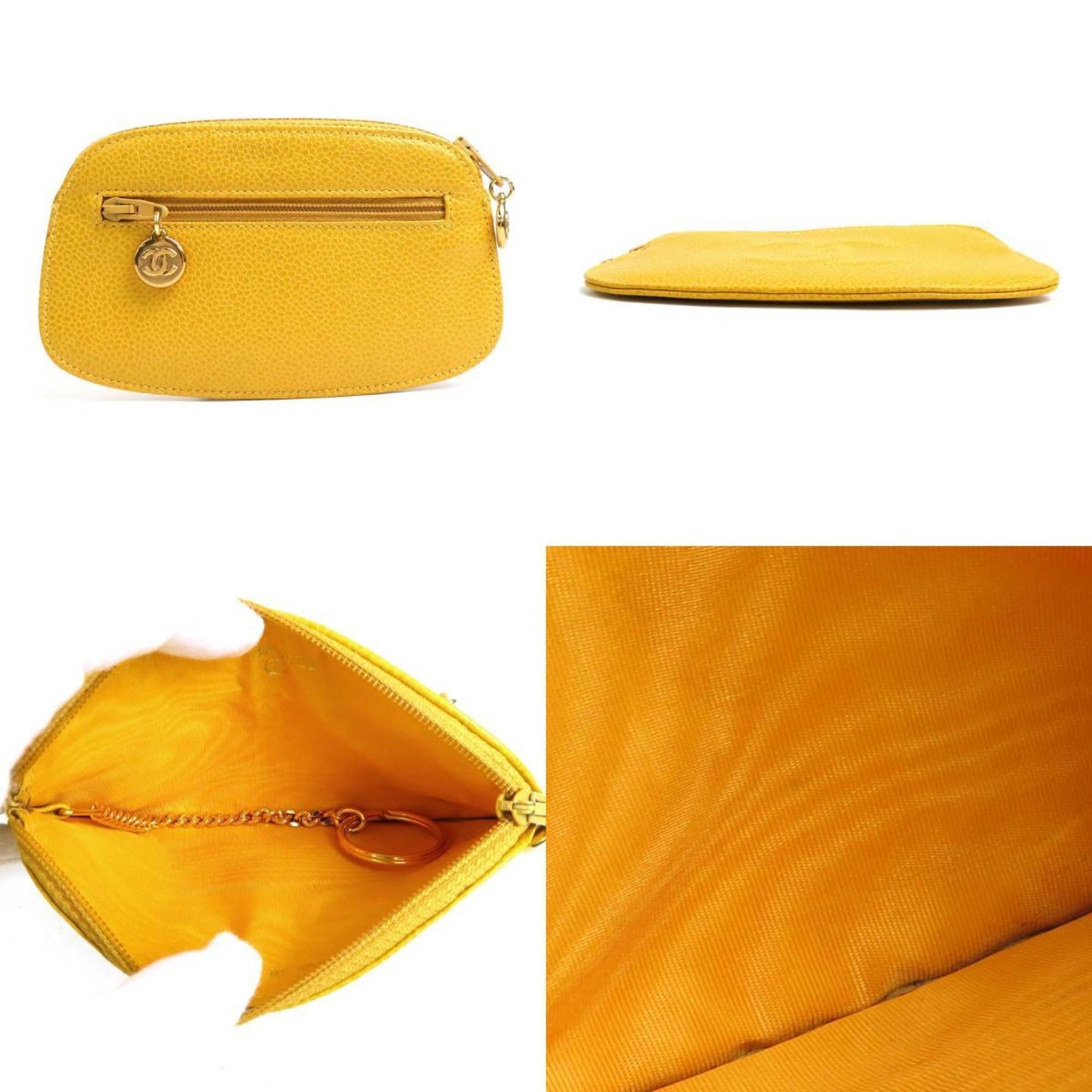 CHANEL Accessory Pouch Coco Mark Caviar Skin Leather Yellow Ladies