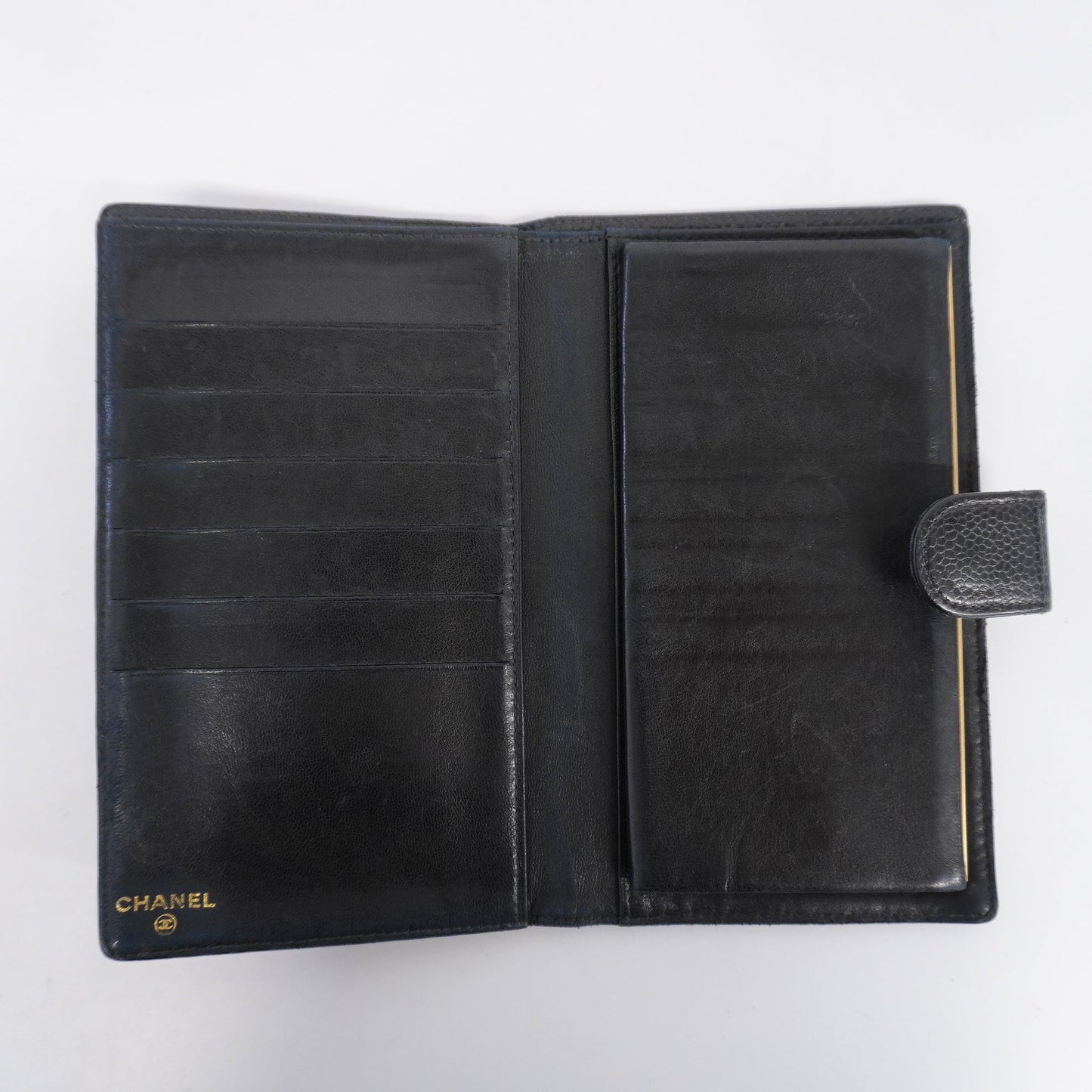 ChanelAuth  Gold Hardware Women's Caviar Leather Long Wallet Black