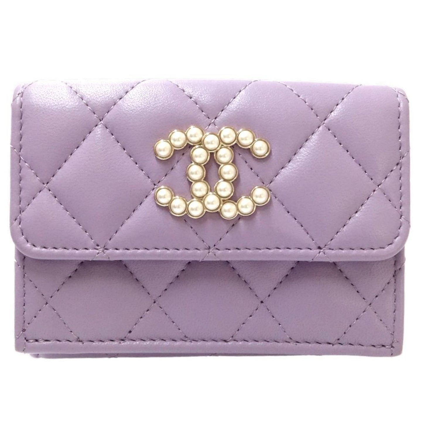 CHANEL Chanel Bi-fold Wallet AP3808 Small Flap CC Pearl Coco Mark Lambskin Light Purple 180546