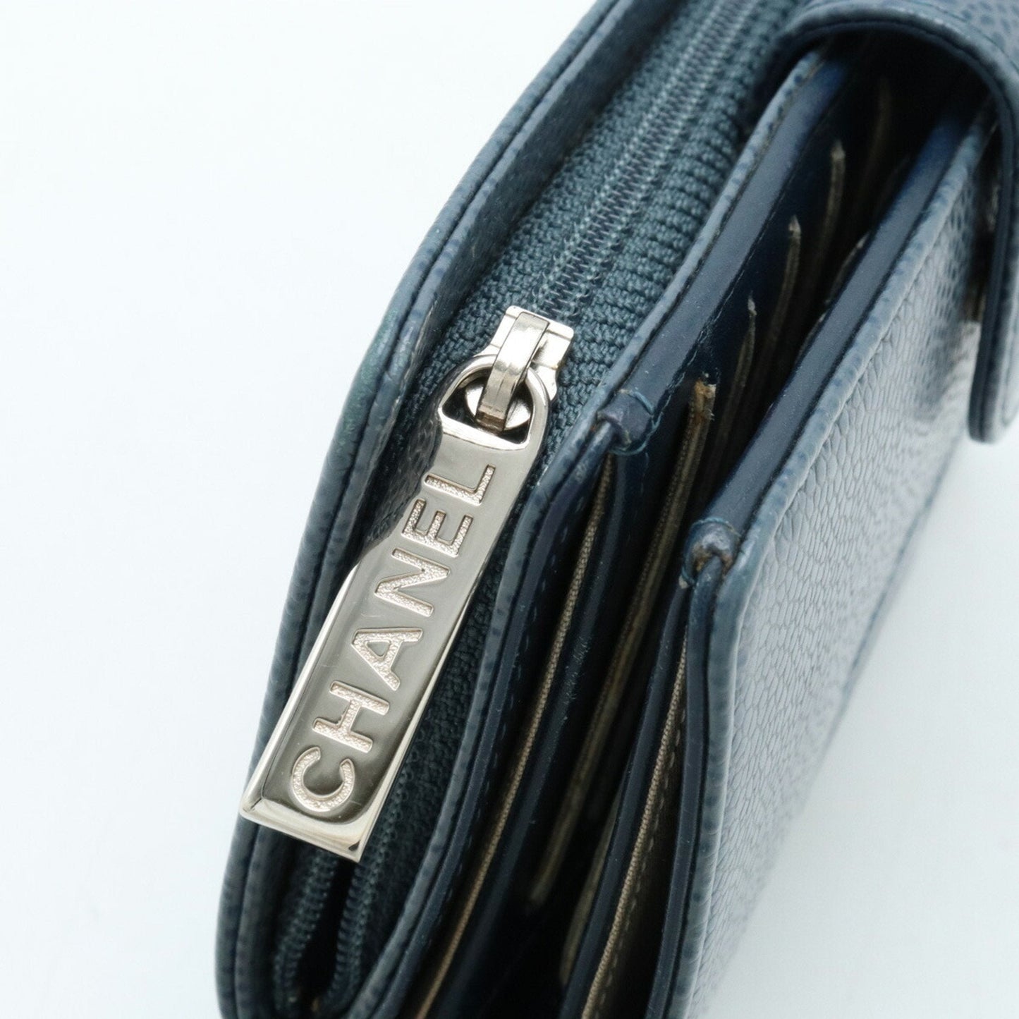 CHANEL Coco Mark Bi-fold Wallet Caviar Skin Leather Blue Gray A50073