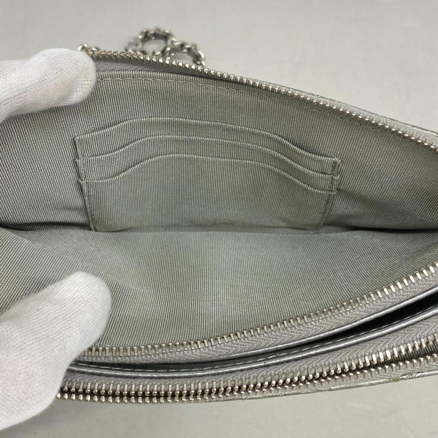 Chanel Shoulder Wallet V-Stitch Chain Coated Leather Grey Women's