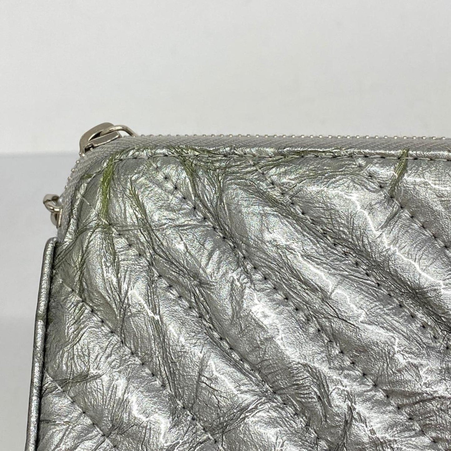 Chanel Shoulder Wallet V-Stitch Chain Coated Leather Grey Women's