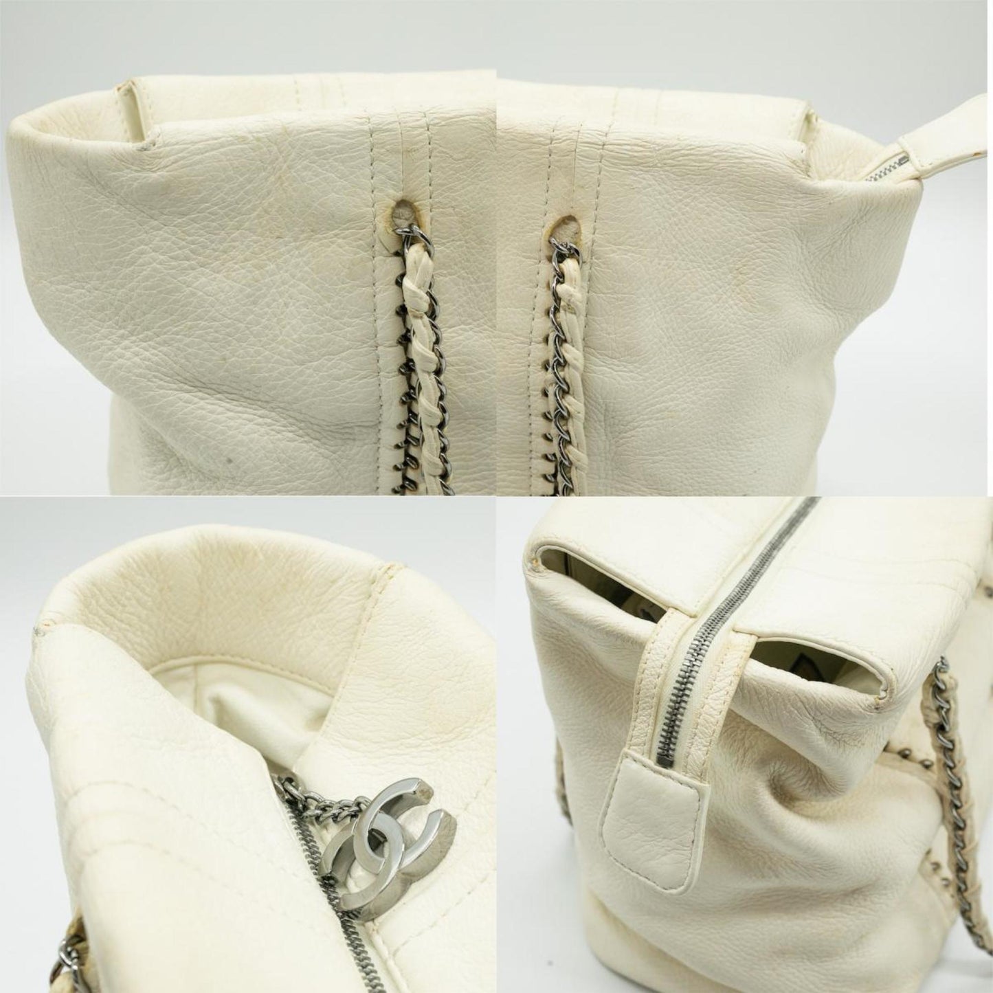 CHANEL Shoulder Bag Luxury Line Coco Mark Chain Leather White Silver Women's PD25