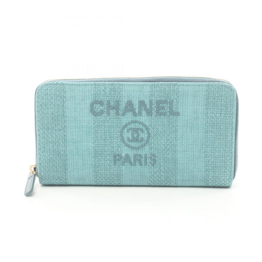 CHANEL Deauville Stripe Round Long Wallet Leather Canvas Fabric Women's Blue AB1976