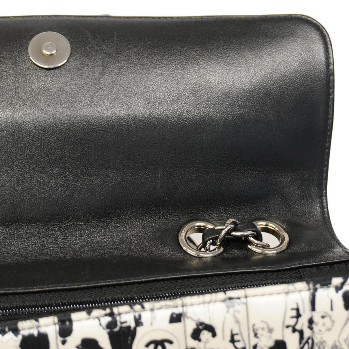 Chanel Shoulder Bag Chocolate Bar W Chain Leather Satin Black White Women's
