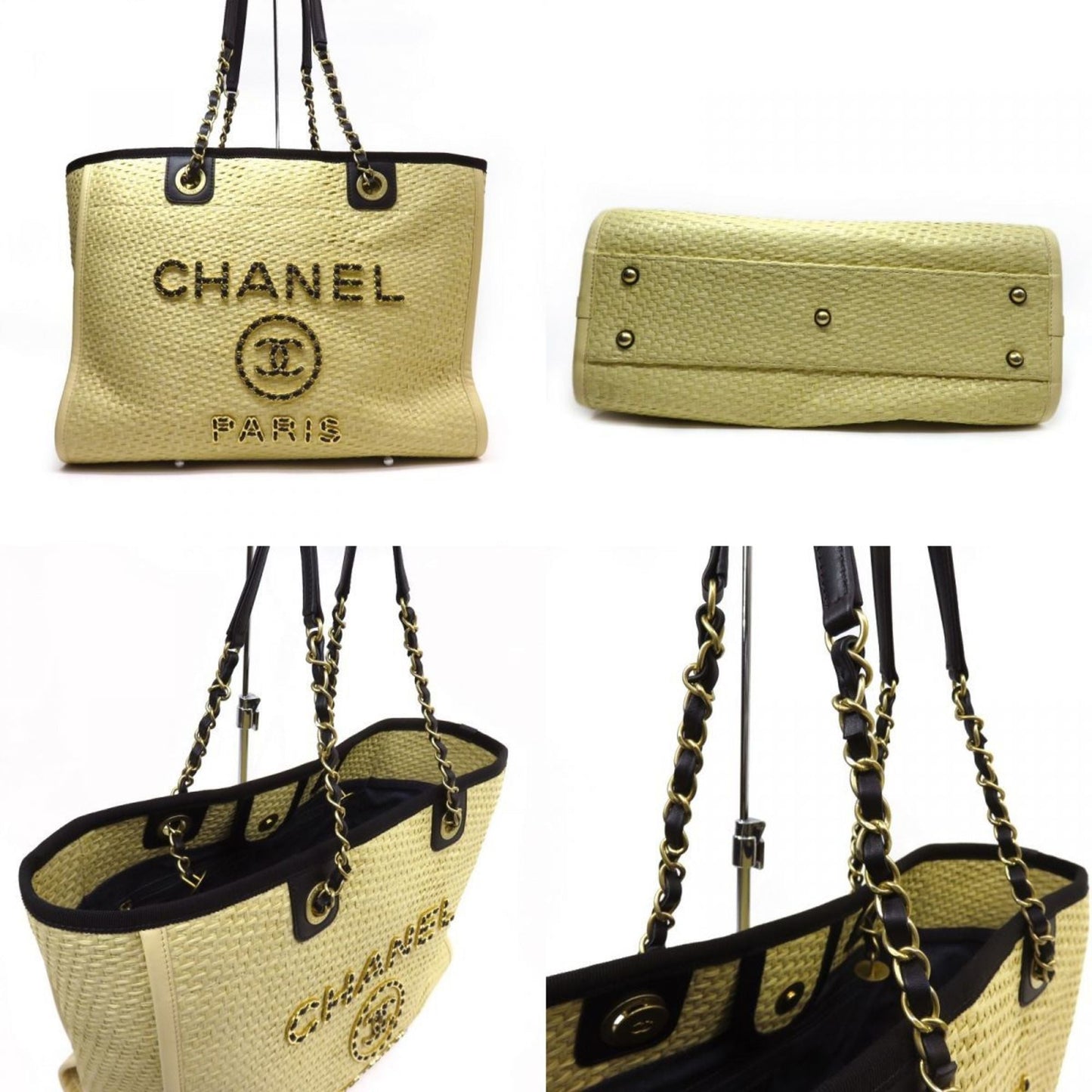CHANEL Deauville MM A67001 Chain Tote Bag Raffia Beige