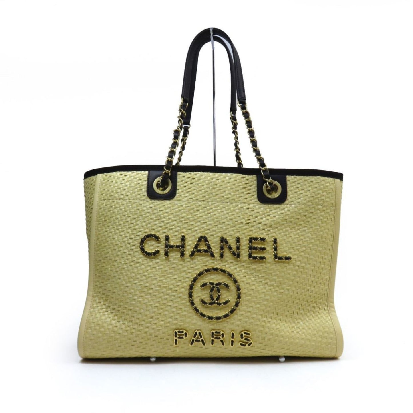 CHANEL Deauville MM A67001 Chain Tote Bag Raffia Beige