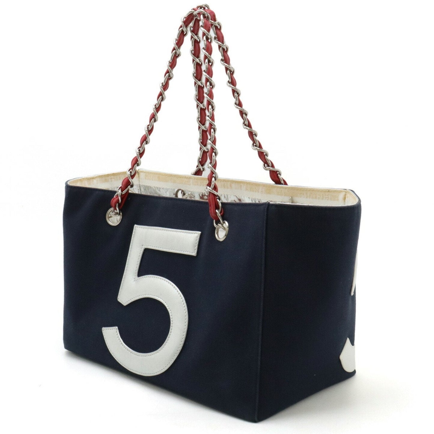 CHANEL Coco Mark No.5 Tote Bag Shoulder Chain Canvas Leather Navy Red Silver A18644