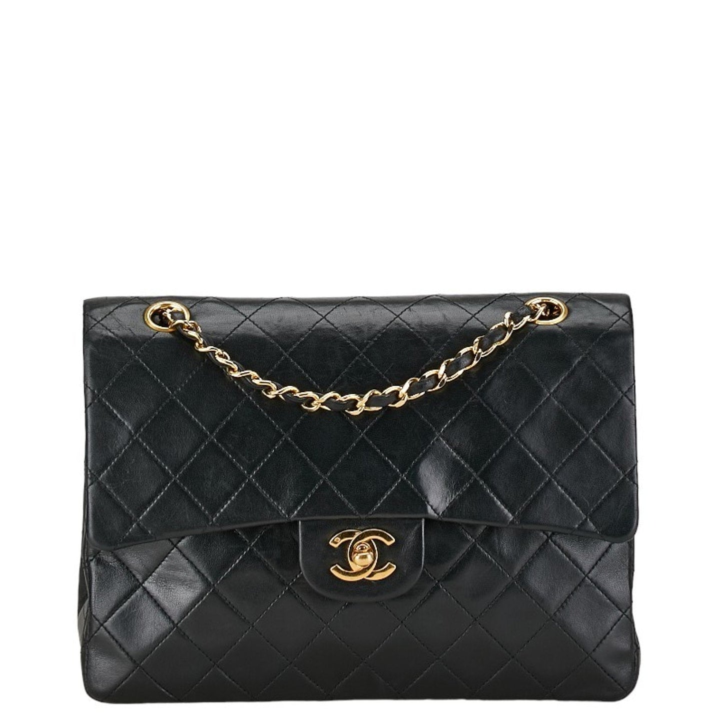 Chanel Matelasse 25 Coco Mark Double Flap Chain Shoulder Bag Black Lambskin Women's CHANEL