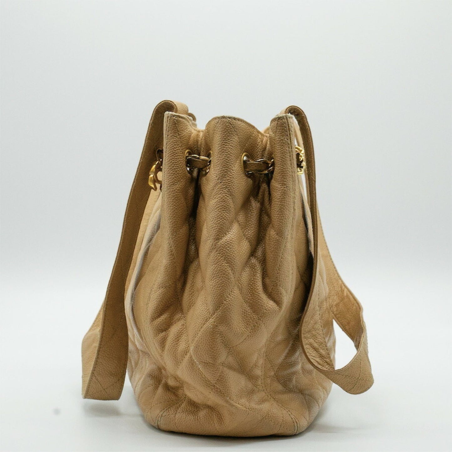 CHANEL Tote Bag Matelasse Coco Mark Chain Lock Leather Beige Gold Women's PD33