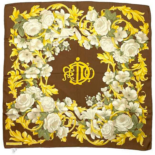 CHRISTIAN DIOR Stole Brown Gold Flower Silk 100% Scarf Muffler