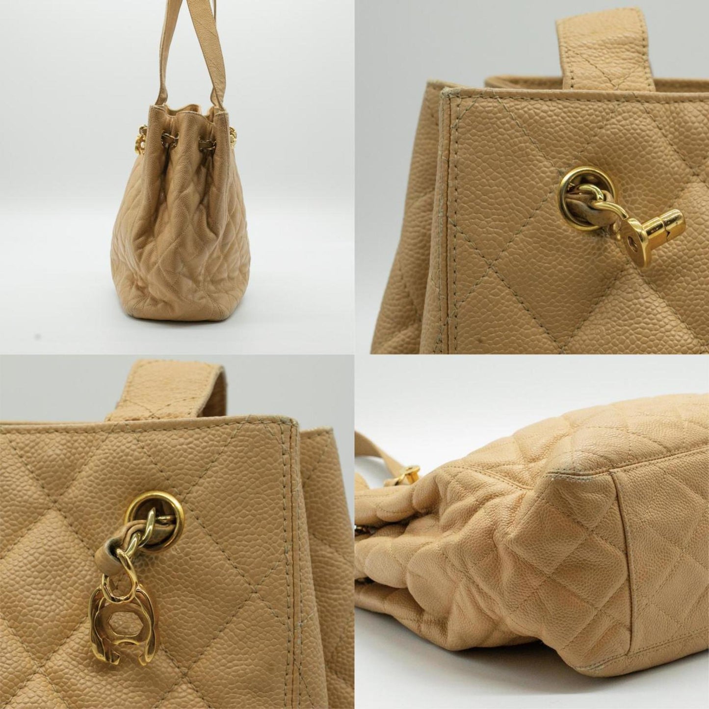 CHANEL Tote Bag Matelasse Coco Mark Chain Lock Leather Beige Gold Women's PD33