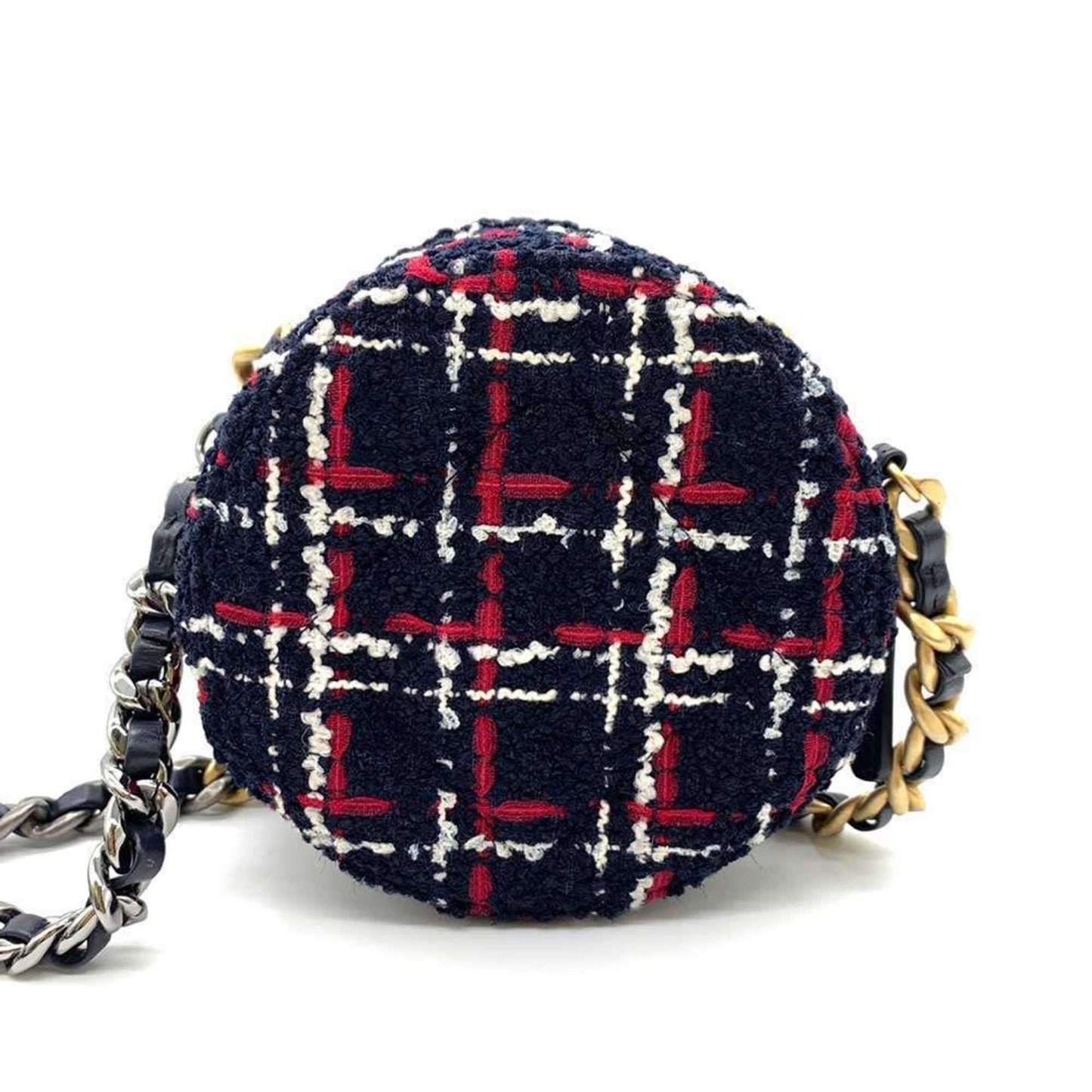 Chanel Bag 19 Round Clutch Chain Shoulder Navy x White Red Checkered Coco Mark Crossbody Pochette Ladies Tweed CHANEL