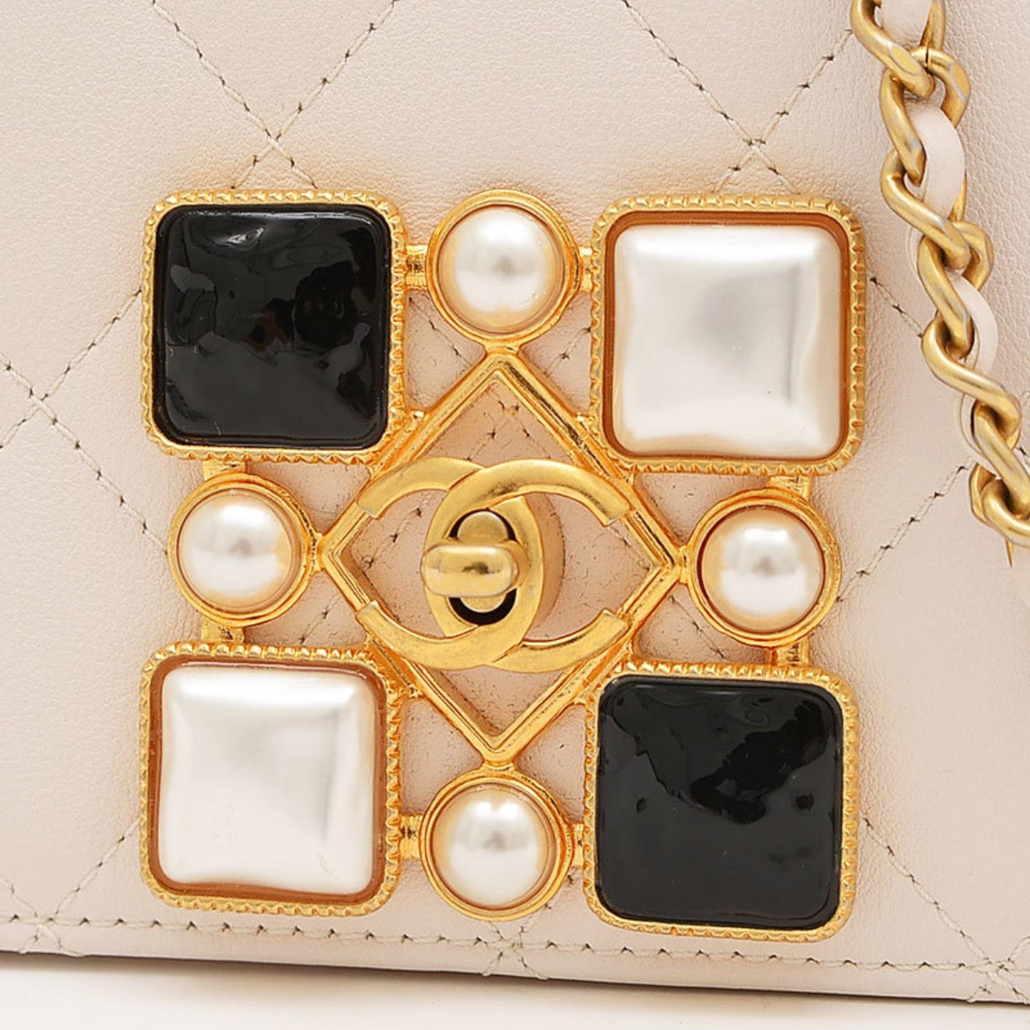 Chanel Matelasse Chain Shoulder Bag Beaded Leather White
