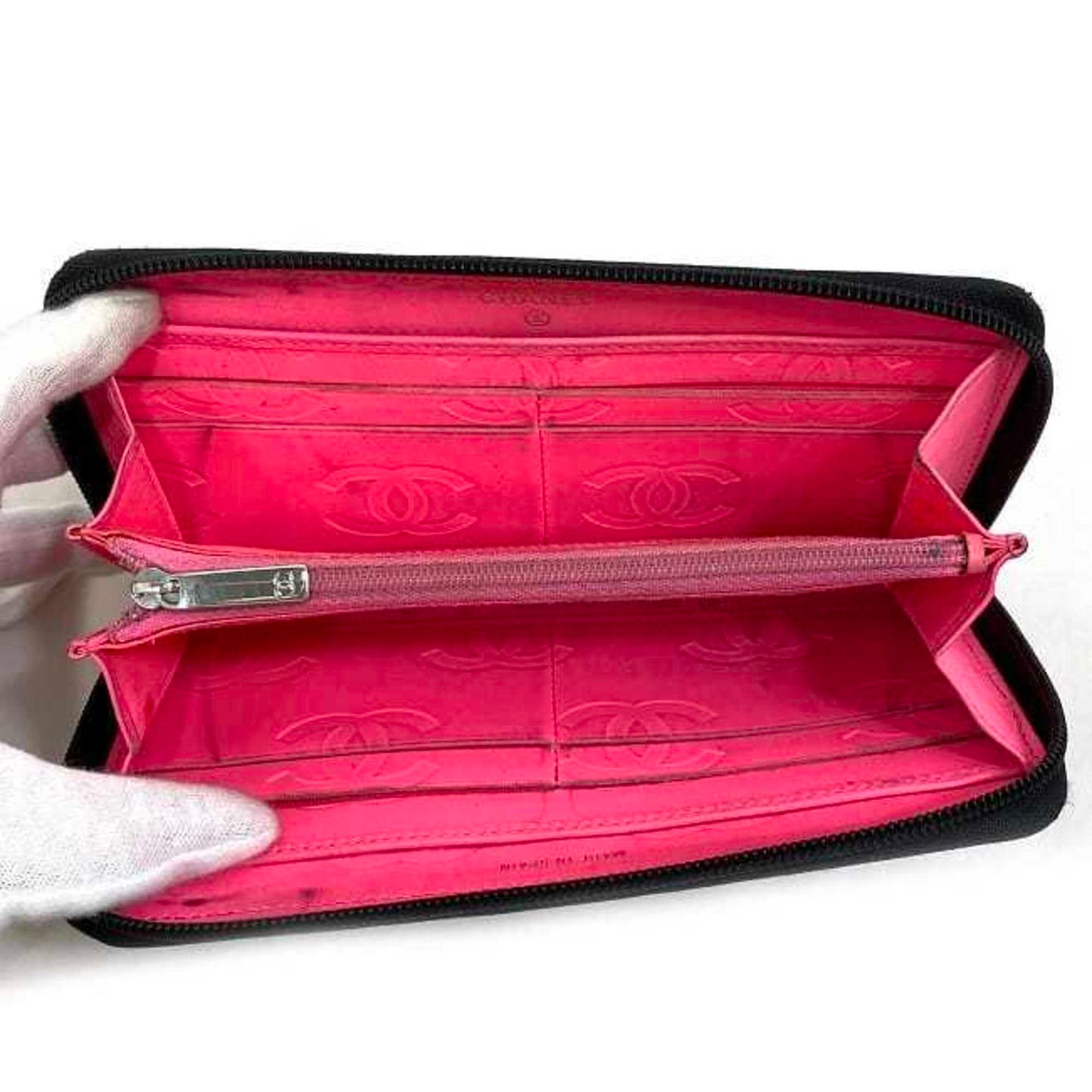 CHANEL Round Long Wallet Black Pink Silver Cambon A50078 Cocomark Leather Lambskin 16th  Purse Women's
