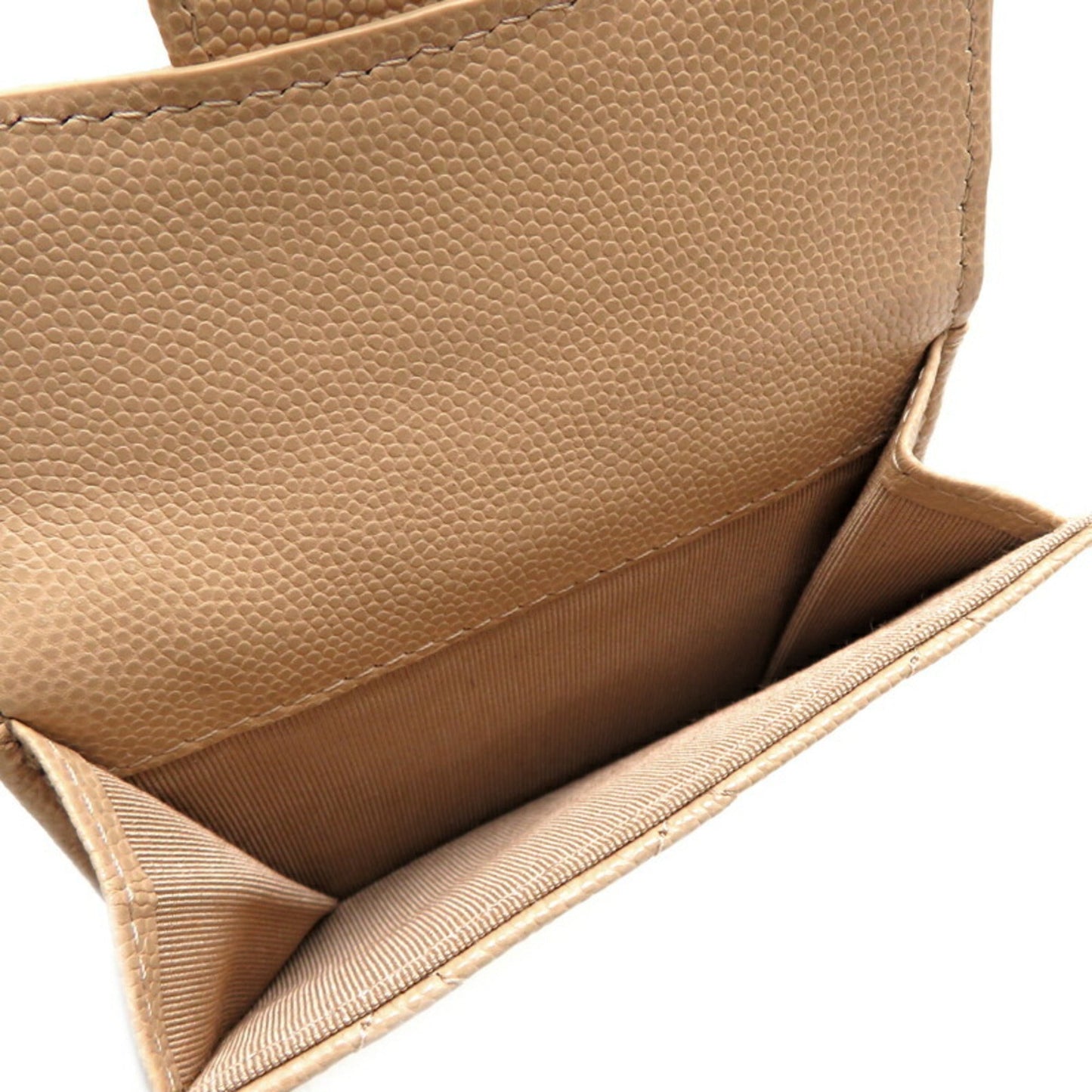 Chanel Seal Caviar W Compact Wallet Women's Tri-fold Skin Beige