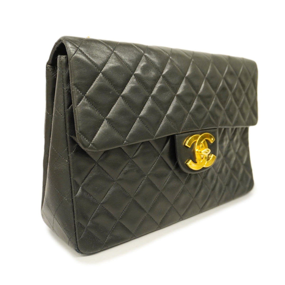ChanelAuth  Big Matelasse W Chain Women's Leather Shoulder Bag Black