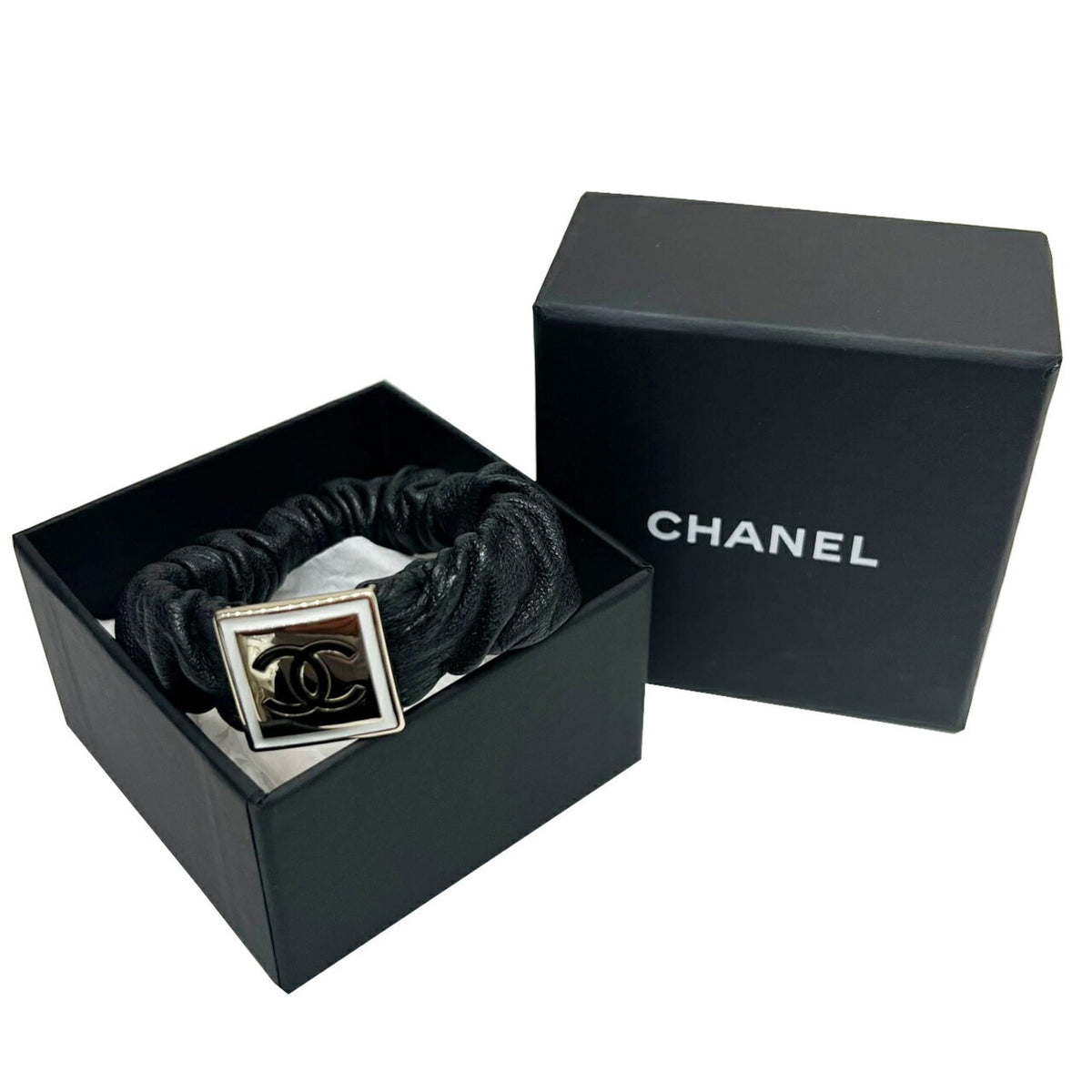 CHANEL Scrunchie B21B Coco Mark Hair Tie AB6832 Leather Black Women's