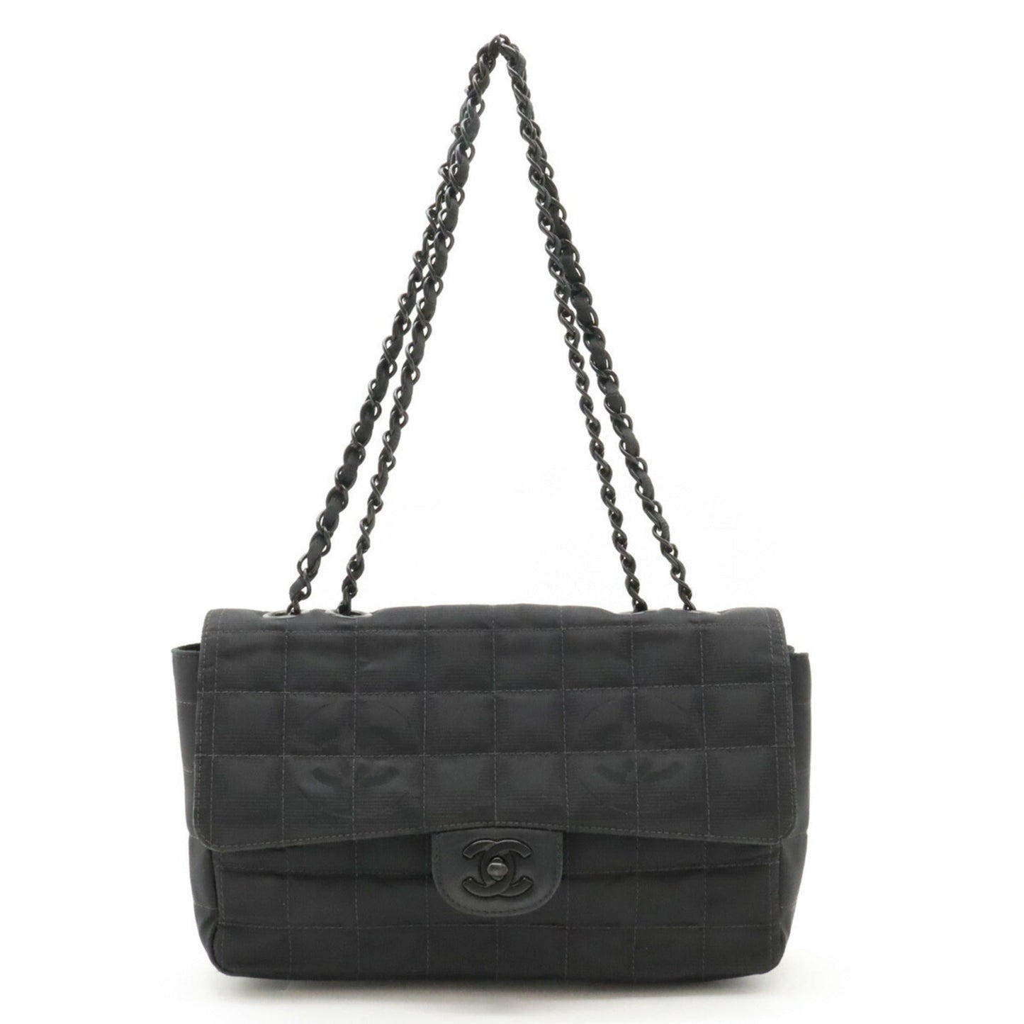 CHANEL New Travel Line Shoulder Bag Chain Nylon Jacquard Leather Black A15285