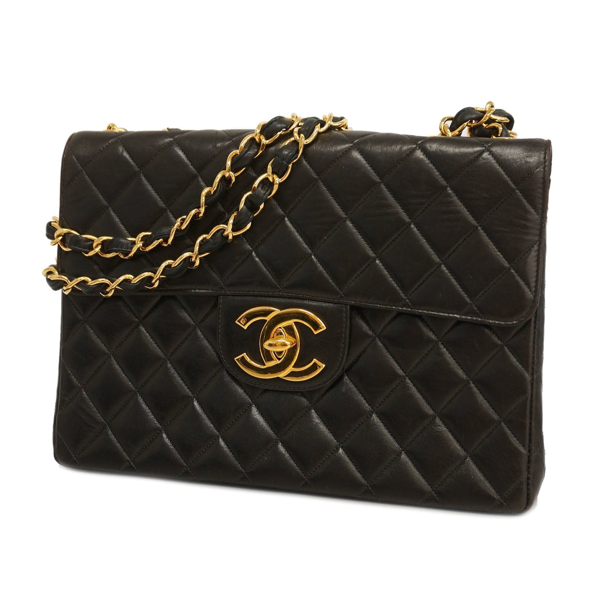 ChanelAuth  Big Matelasse W Chain Women's Leather Shoulder Bag Black