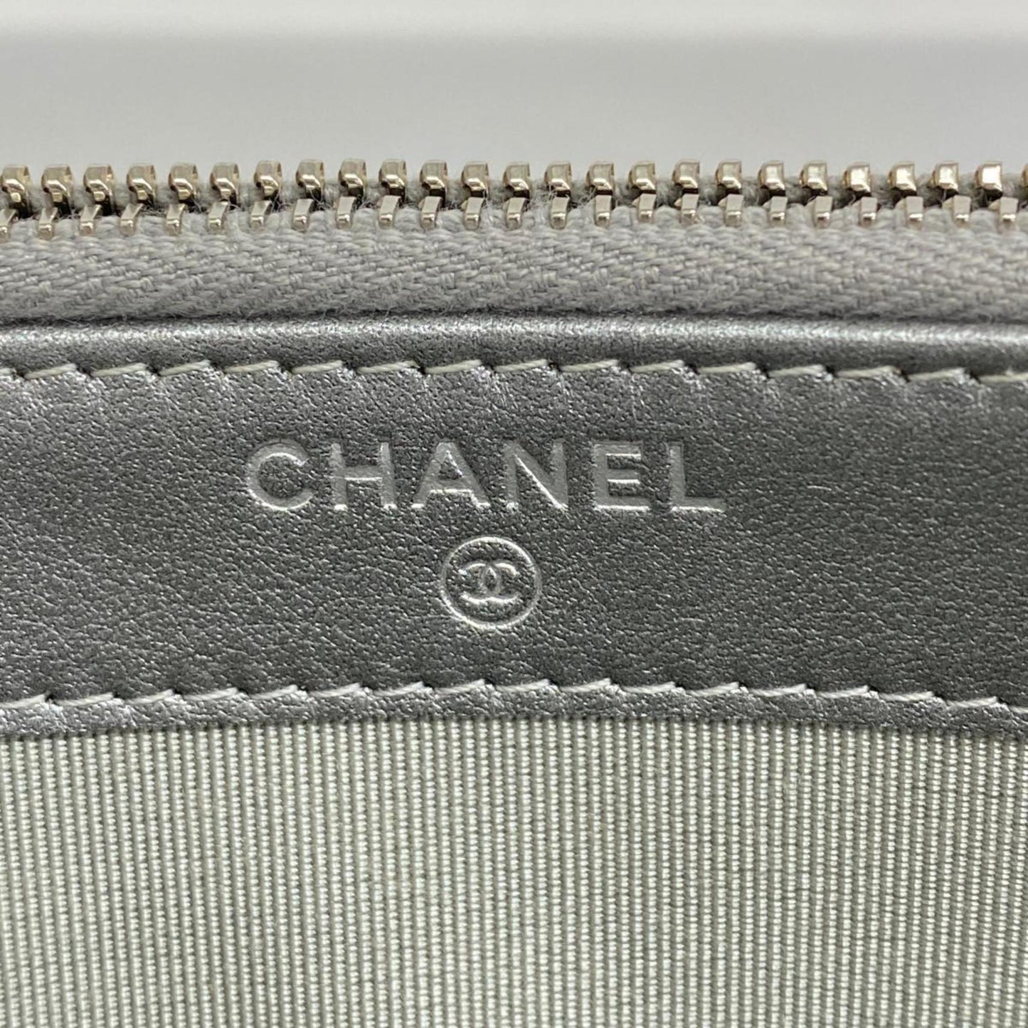 Chanel Shoulder Wallet V-Stitch Chain Coated Leather Grey Women's