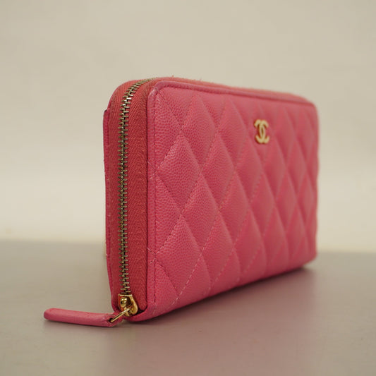 ChanelAuth  Matelasse Gold Hardware Women's Caviar Leather Long Wallet Pink
