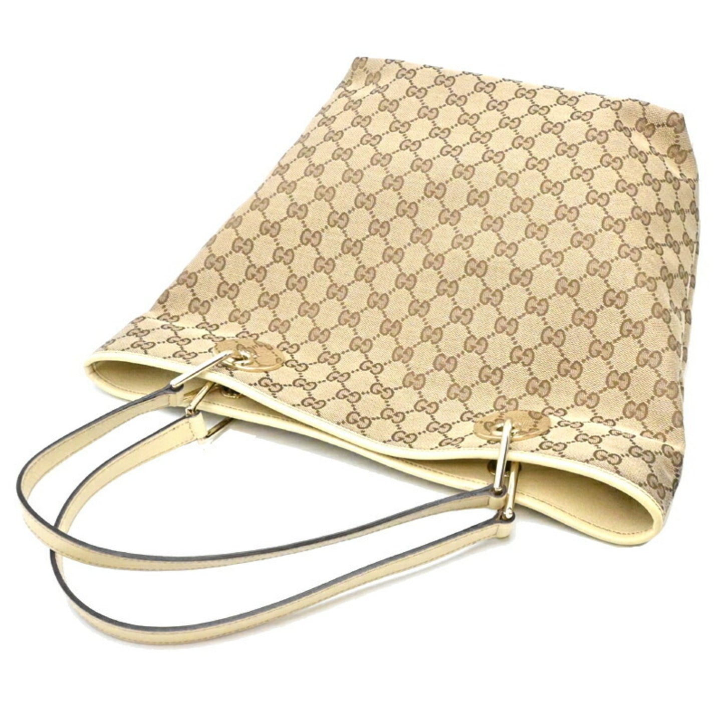 Gucci Beige White Gg Canvas Leather Tote Bag