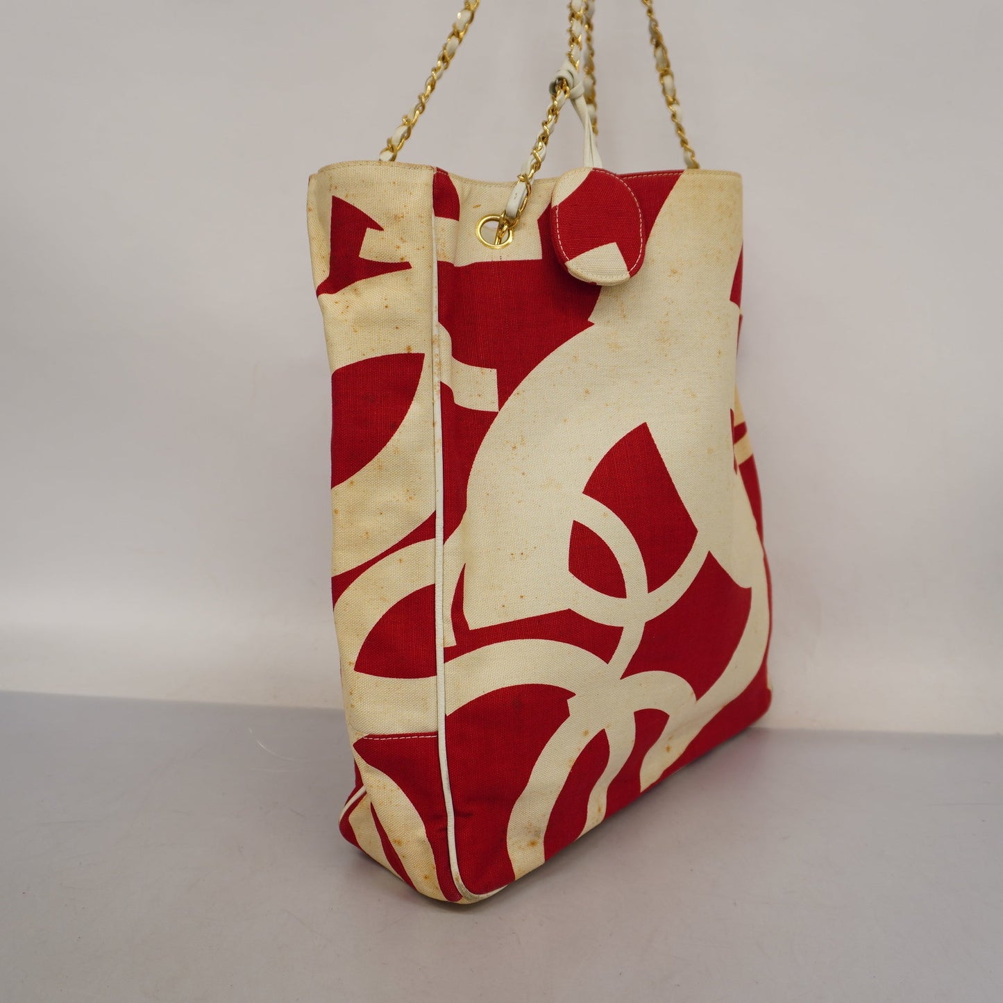 ChanelAuth  Chain Shoulder Women's Canvas Tote Bag Ivory,Red Color