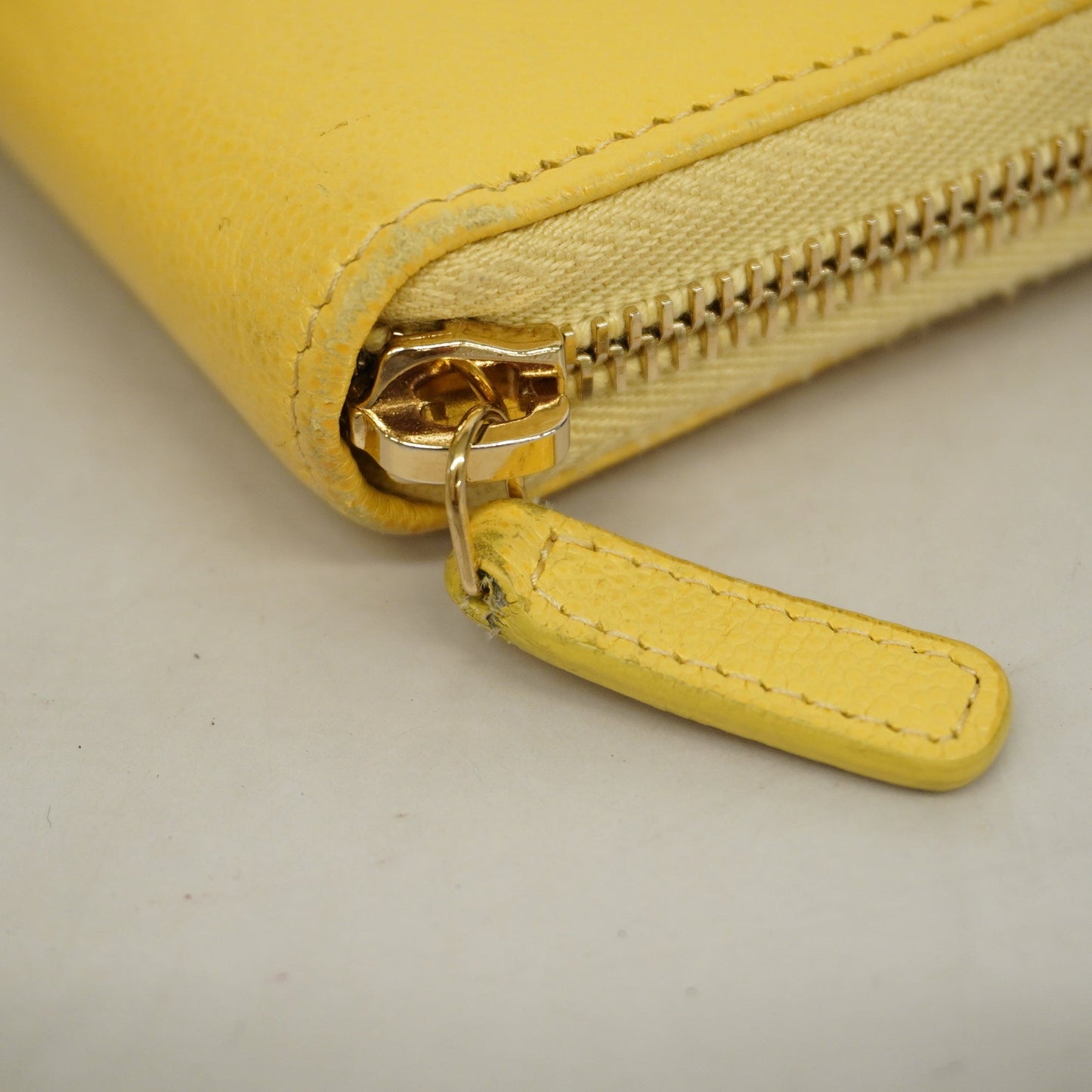 ChanelAuth  Camellia Bi-fold Long Wallet Gold Hardware Leather Yellow