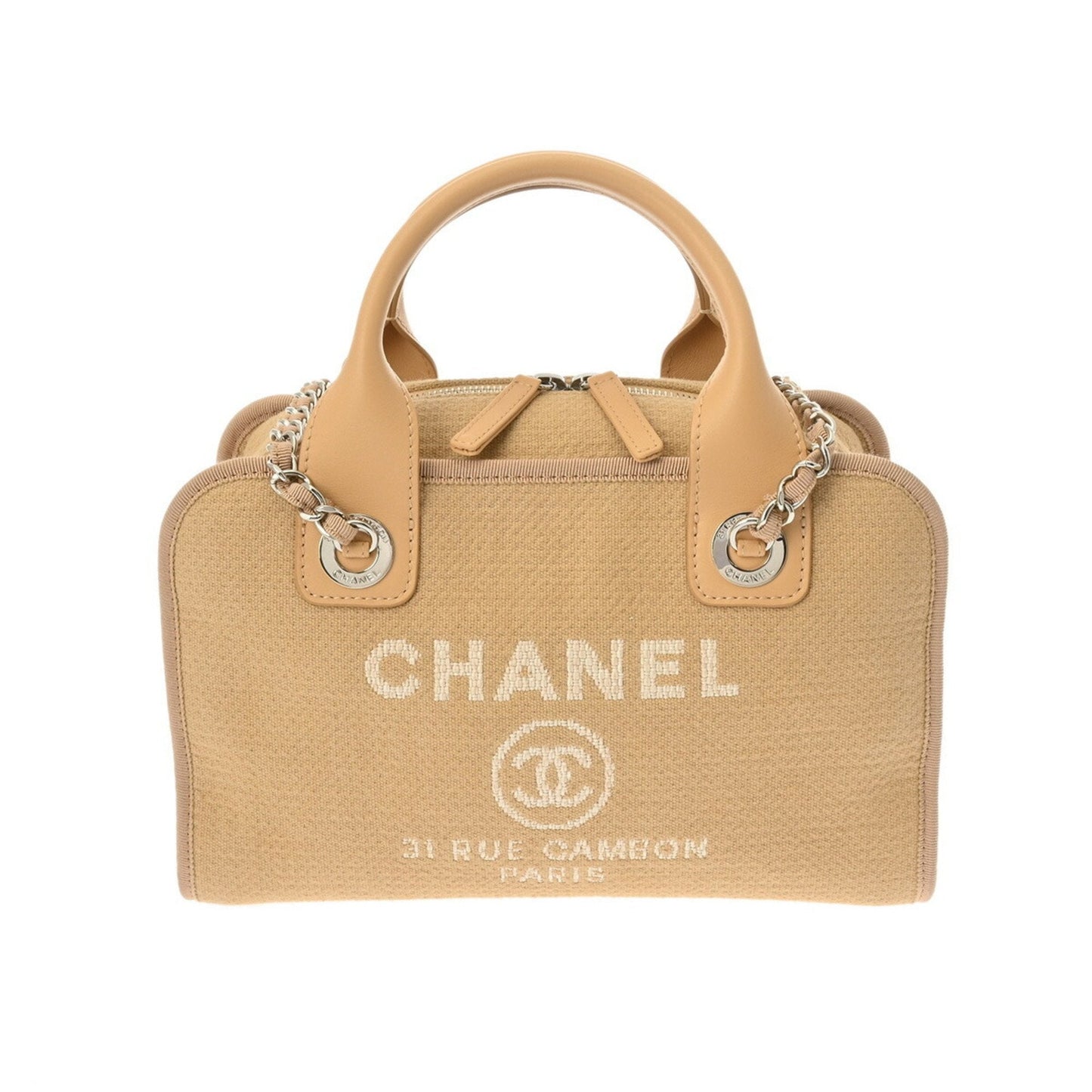 CHANEL Deauville Bowling Bag Beige A92750 Women's Canvas Leather Tote