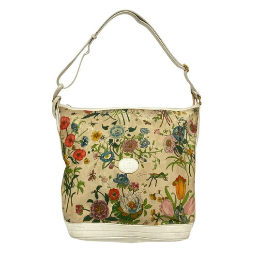 Gucci Flora White Canvas Leather Shoulder Bag ()