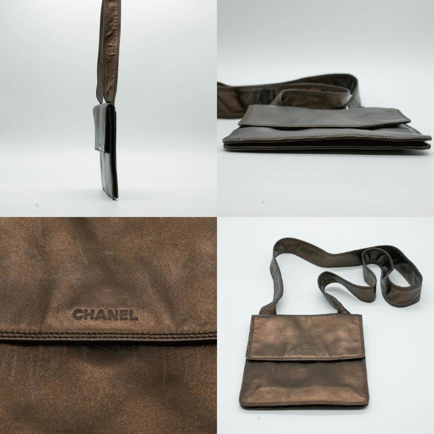 CHANEL Shoulder Bag Square Sacoche Lambskin Brown Gold Men's Women's P16200 PD23