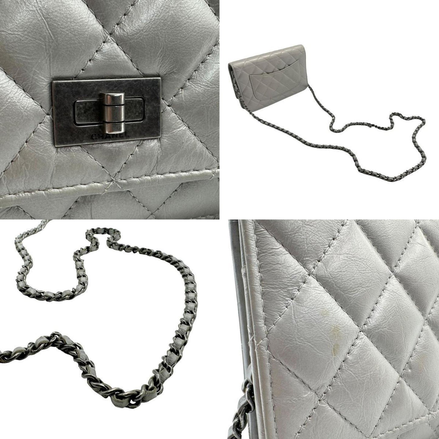 CHANEL Chain Wallet 2.55 Leather Matte Silver Women's z1886