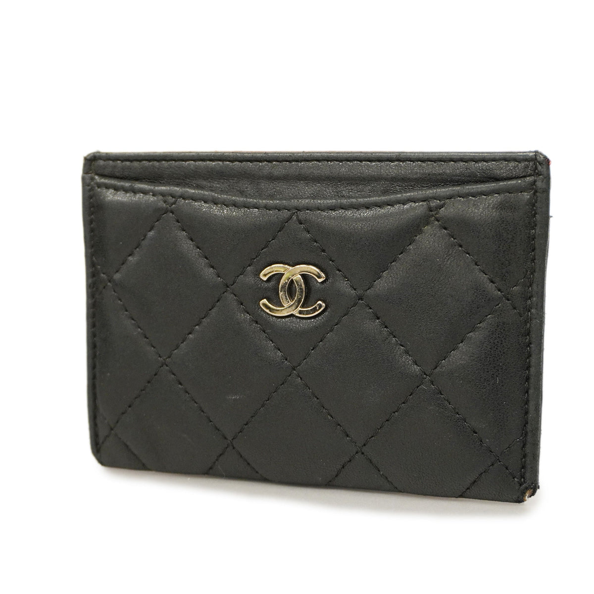 ChanelAuth  Matelasse Card Case Silver Hardware Leather Card Case Black