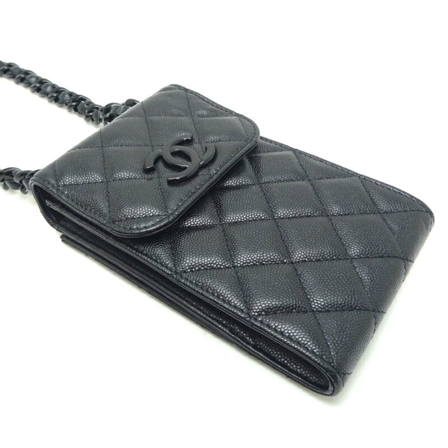 Chanel Matelasse Phone Case Chain Women's Shoulder Bag Caviar Skin Black