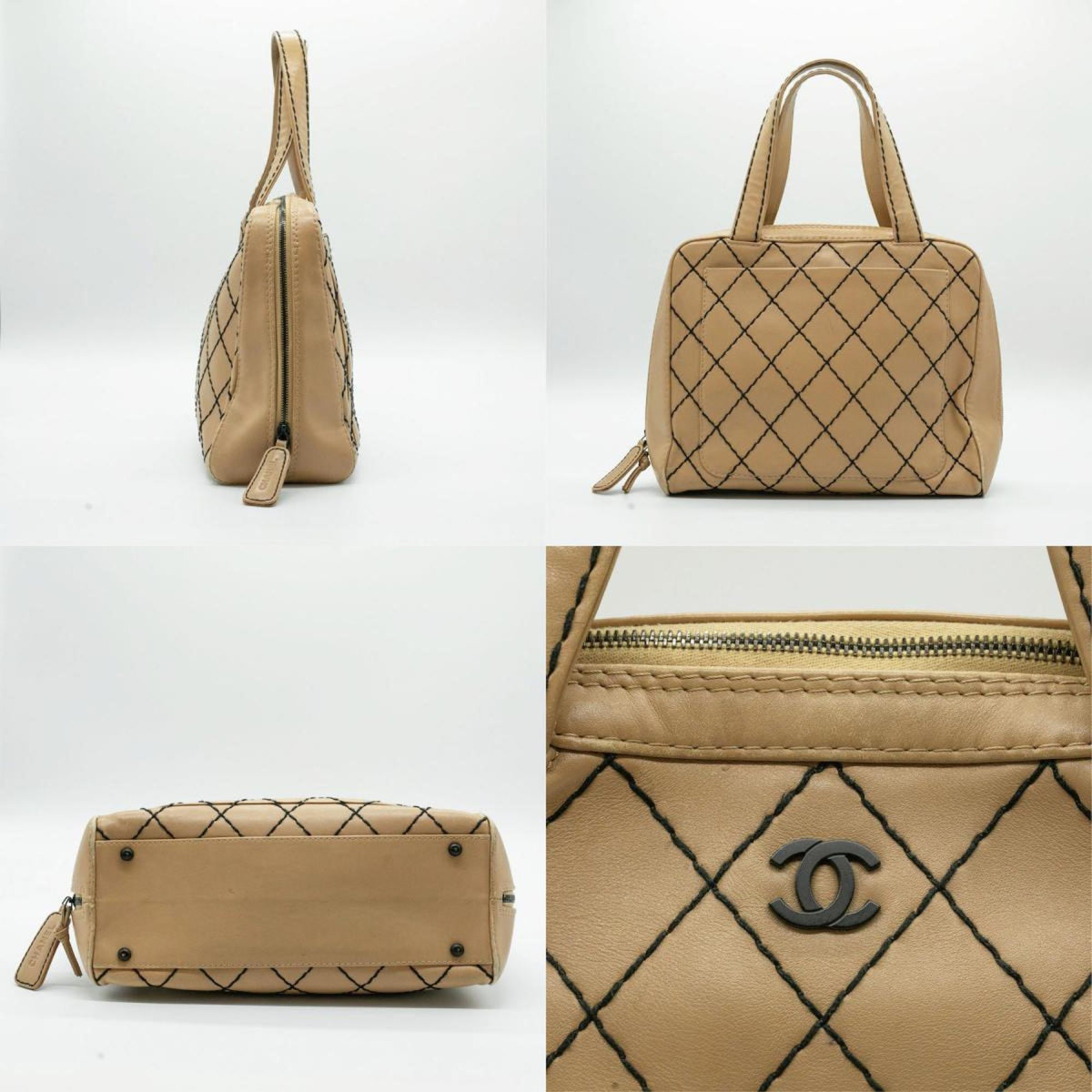 CHANEL Handbag Wild Stitch Leather Beige Black Women's PD53