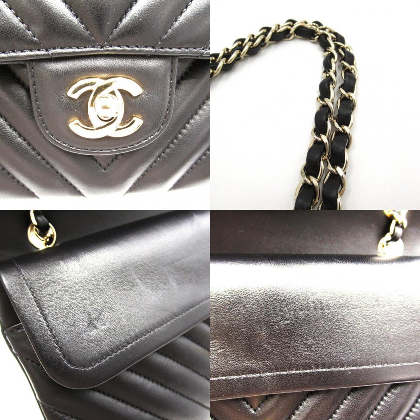 CHANEL V-stitched chain shoulder bag, lambskin, women's, black