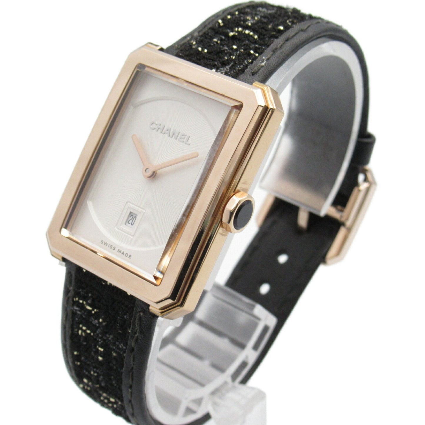 CHANEL Boyfriend Tweedy Strap Watch Leather Belt Beige Gold Women's White Opal H5586
