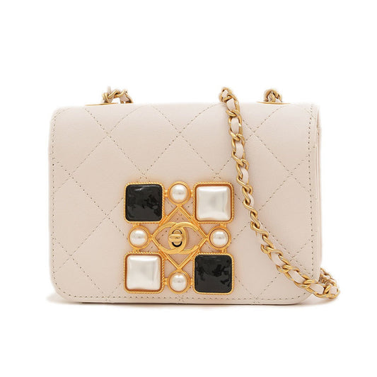 Chanel Matelasse Chain Shoulder Bag Beaded Leather White